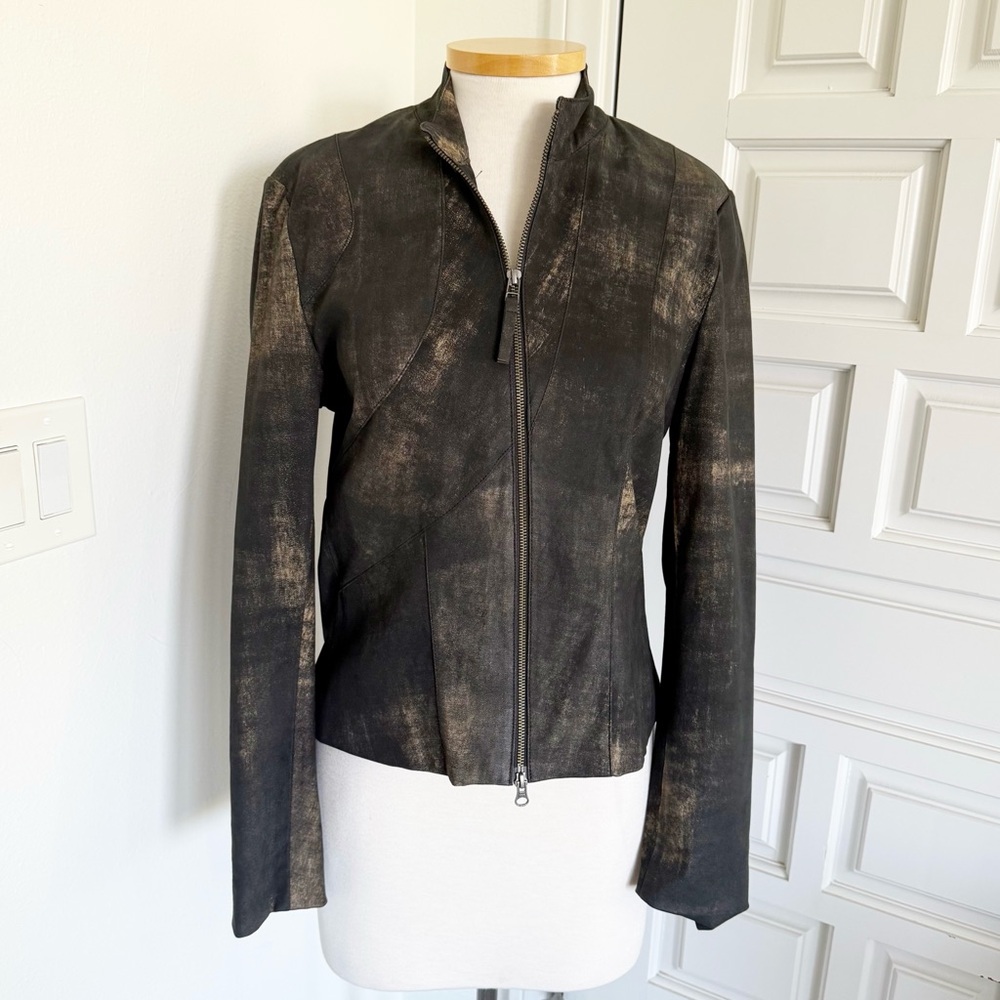 Cigno Nero Black Leather Jacket Fitted Coat Metallic Gold Size 40